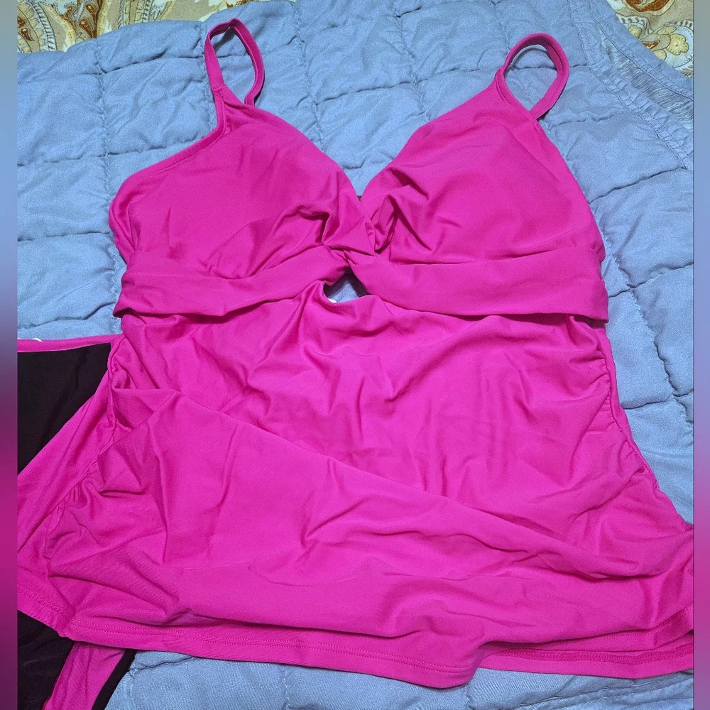 CUPSHE 2pc Tankini With Reversible Bottoms Fushia Pink & Black XXXL NWT